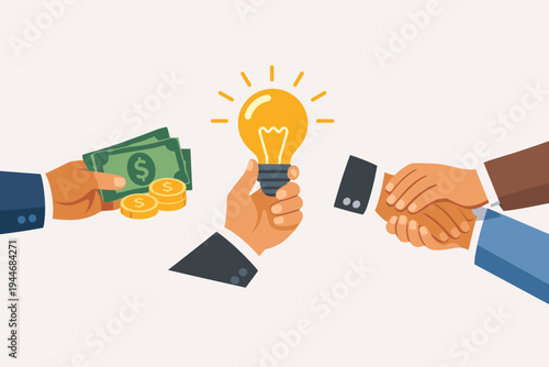 Businessmen Hands Contributing Money, Creative Ideas, and Moral Support through a Handshake. Flat Vector Illustration of Investment, Innovation, and Partnership for Business Success and Growth