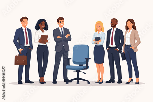 Diverse business team of men and women standing around an empty office chair, representing recruitment, hiring, and job vacancy. Flat vector illustration of professional staff seeking a new colleague.