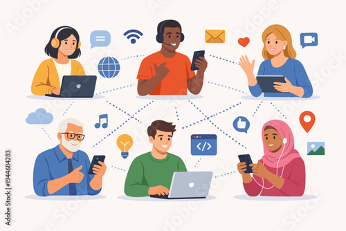 Vector Illustration of Diverse People Connected Online via Modern Technology. Men and Women Using Laptops, Smartphones, and Tablets for Global Communication, Social Media, and Digital Networking.