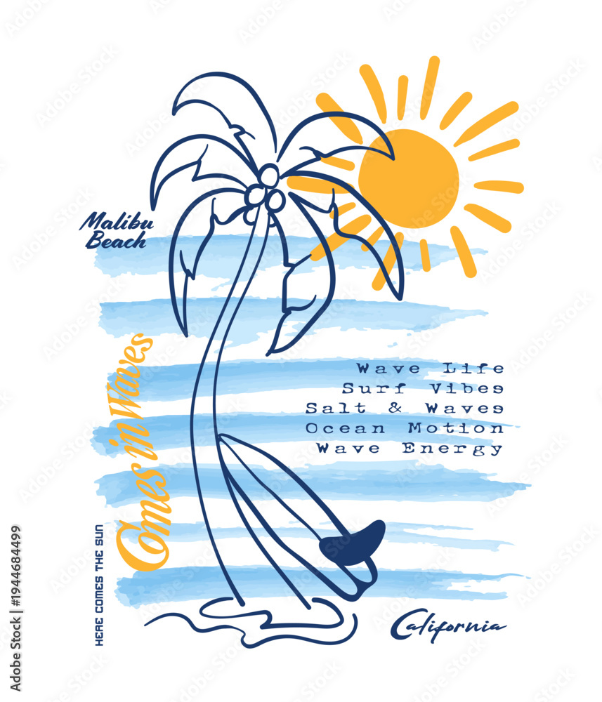Foto Hand Drawn palm tree drawing with surfboard