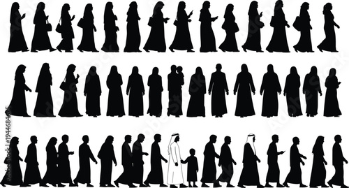 Arab people silhouettes collection, men women wearing traditional clothing walking standing group, Middle Eastern culture lifestyle illustration set