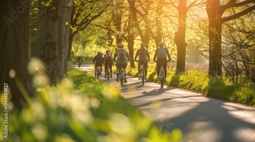 Group of cyclists riding along park path in late afternoon sun