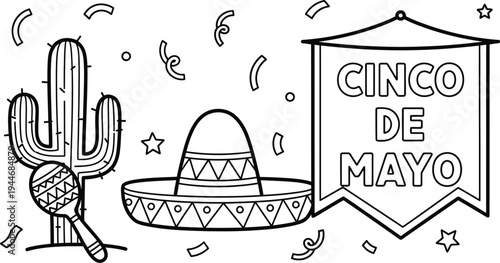 Cinco de mayo celebration with sombrero cactus and banner