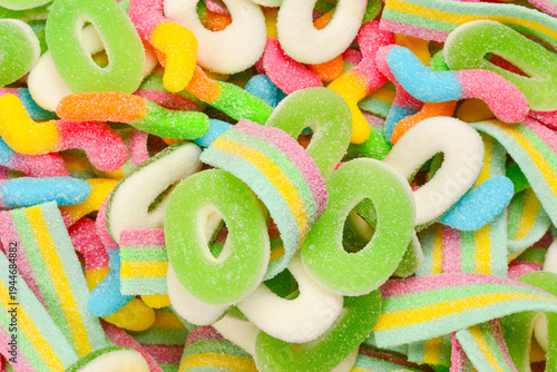 Assorted gummy candies. Top view. Jelly  sweets.