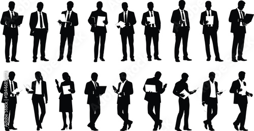 Business professionals silhouettes collection, corporate men and women holding documents tablet laptop, office workplace team illustration set isolated