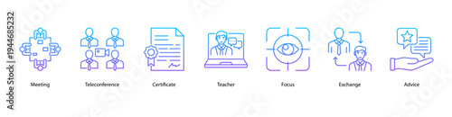 Team Collaboration web banner icon vector illustration featuring Meeting, Teleconference, Certificate, Teacher, Focus, Exchange, and Advice for workplace productivity.