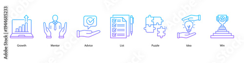 Success Journey web banner icon vector illustration featuring Growth, Mentor, Advice, List, Puzzle, Idea, and Win for career advancement and workplace goals.
