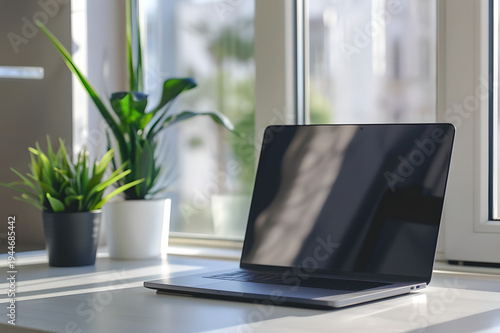 Minimal Home Office Workspace with Tablet and Green Plant in Natural Window Light