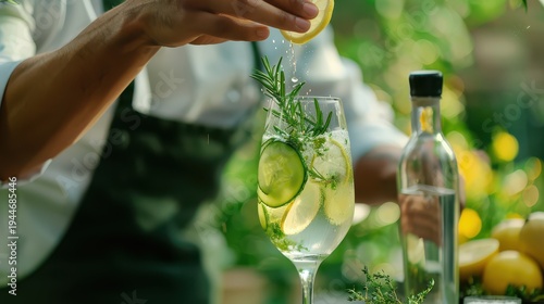 Server squeezing lemon over gin cocktail at outdoor bar
