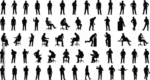 Collection of business people silhouettes, standing sitting thinking speaking poses, diverse human figure icons set isolated vector style black silhouette
