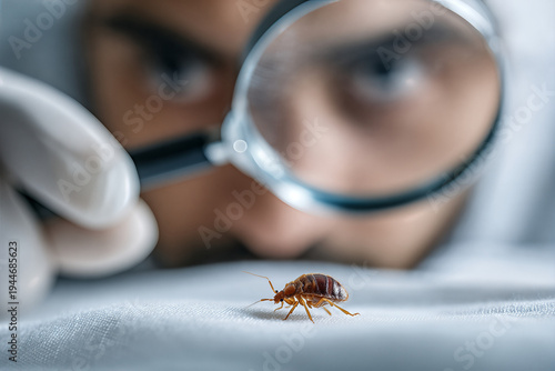 Macro close-up of a bedbug being inspected with a magnifying glass by a gloved technician on white bedding, detailed pest control