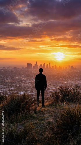 Silueta de una persona observando la ciudad desde una colina al atardecer. Concepto de inspiración, metas y visión del futuro.