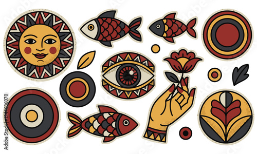 Vibrant illustration of symbolic elements and mystical creatures displayed