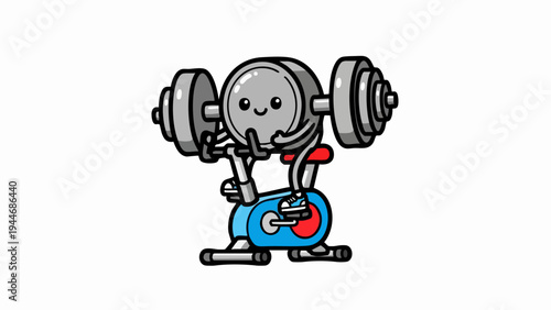 Cartoon stationary bike character lifting weights for fitness exercise.