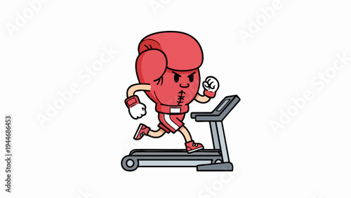 Cartoon boxing glove character running on a treadmill for fitness training.