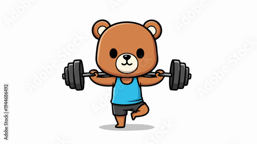 Cute cartoon bear lifting weights, exercising and staying healthy.