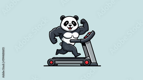 Cartoon Panda Bear Working Out on Treadmill with Muscular Arms.