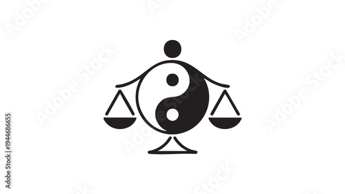 Black and white yin yang symbol balanced on scales justice duality