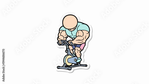 Cartoon illustration of a muscular man working out on stationary bike.