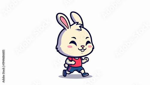 Cute cartoon rabbit jogging happily in a red shirt and blue shorts.