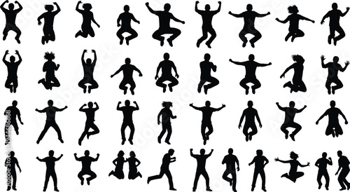 Jumping people silhouettes collection, men women jumping celebrating poses, energetic human figures isolated black silhouette action set