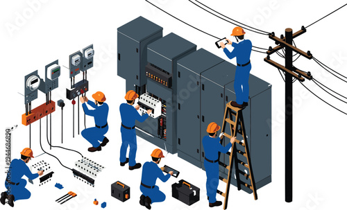 Electricians installing power distribution panel, electrical maintenance workers repairing wiring industrial energy system vector illustration