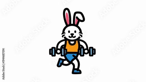 Cute cartoon rabbit character working out with weights.