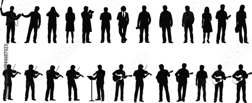 Musicians silhouettes collection, people playing musical instruments band performers, violin guitar singer artist figures, music performance illustration set