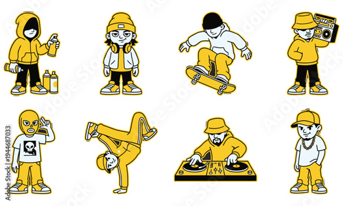 Illustrations of young people engaging in various hip hop activities outdoors