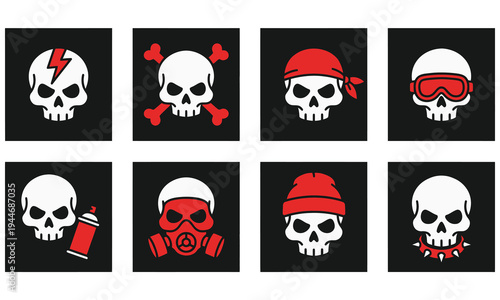 Skull icons with varied expressions on black background