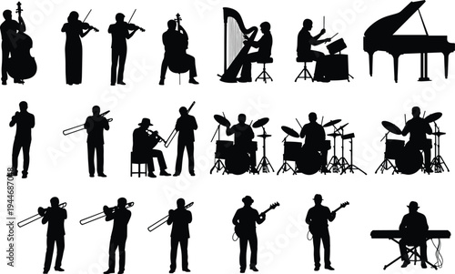 Musician silhouettes collection, orchestra band instruments including violin cello harp drums piano guitar players isolated black silhouette illustration set