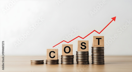 Increasing cost concept with growing stacks of coins and rising red arrow