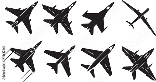 Military jet fighter silhouettes collection for air force aviation design and tactical flight icons