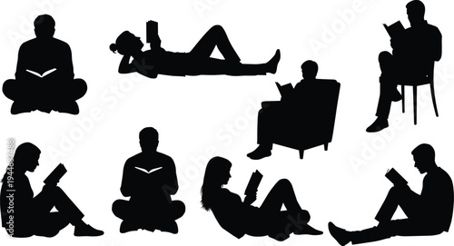 People reading book silhouettes collection, men and women sitting relaxing reading books, education learning lifestyle isolated black silhouette set