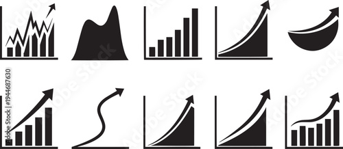 Set of ten growth chart icons depicting business development and economic progress with various styles