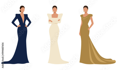 Fashion illustration of women in elegant evening gowns standing confidently.