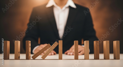 Businesswoman stopping falling dominoes