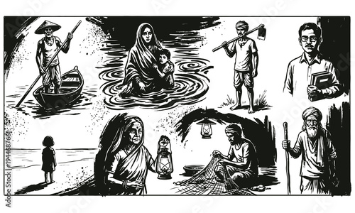 Illustration depicts people near water with various activities in monochrome