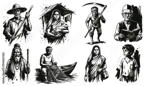 People engaged in daily activities with traditional clothing and tools nearby