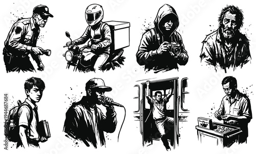 Various people engaged in daily activities in an urban setting outdoors.