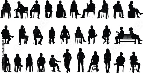 People sitting silhouettes collection, men and women seated on chairs and stools, casual lifestyle human figures isolated black silhouette set