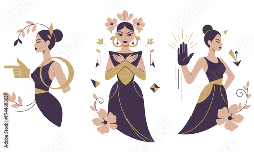 Three women in dresses with gold accents and flowers are posing.