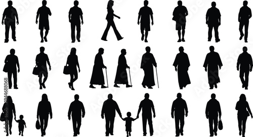 People walking silhouettes collection, men women elderly child family walking poses, human figure set isolated black silhouette design