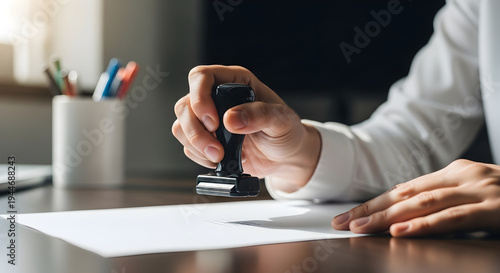 Businessman stamping document at desk