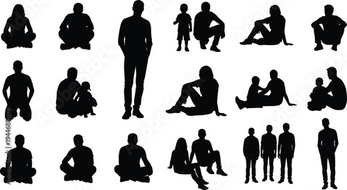 People sitting silhouettes collection, men women and children sitting poses, family and casual human figures isolated black silhouette set