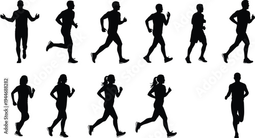 Running people silhouettes collection, men and women jogging poses, fitness runners isolated black silhouette sport activity set