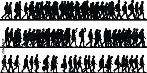 Walking crowd silhouettes collection, busy city pedestrians group moving people urban lifestyle activity illustration isolated set