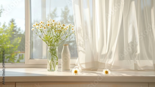 Daisy bouquet and milk bottle on sunlit windowsill with curtain