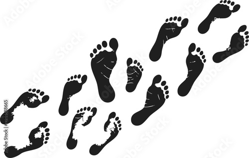 Human footprint trail collection with various sizes of bare feet prints walking in different directions isolated on transparent background vector silhouette set