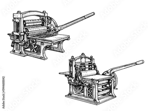 Vintage Printing Press Machine Engraving Illustration